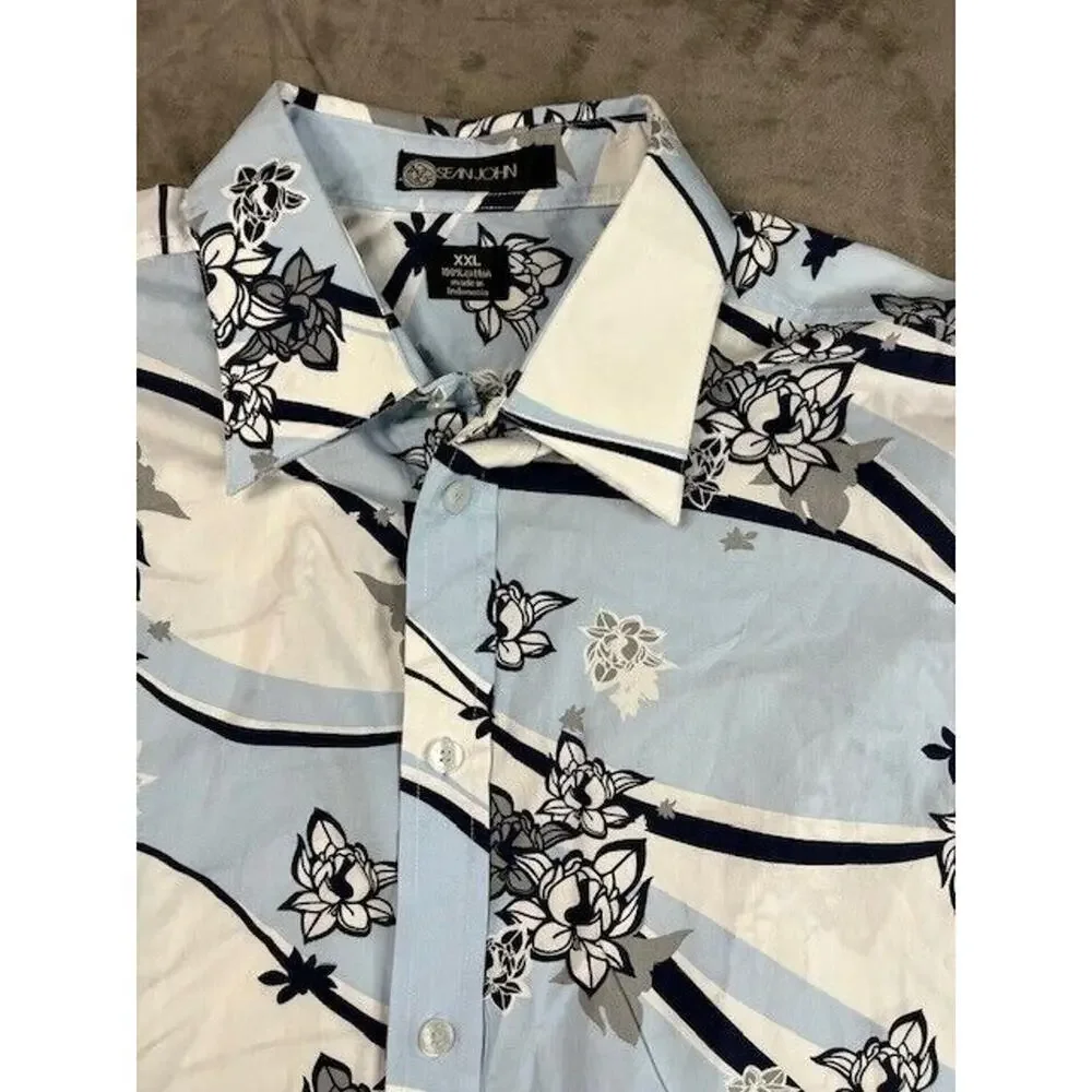 Sean John Shirt Mens 2XL Blue‎ Flower Long Sleeve Button Up Adult XXL